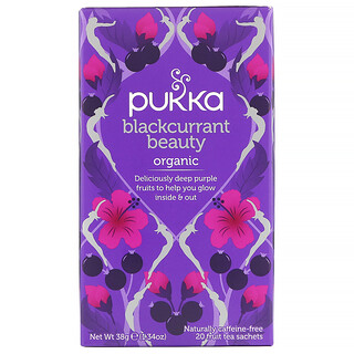 Pukka Herbs, Belleza con grosella negra orgánica, Sin cafeína, 20 saquitos de té frutal, 38 g (1,34 oz)