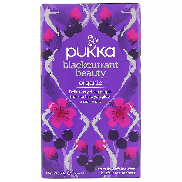Pukka Herbs‏, Organic Blackcurrant Beauty, תה יופי אורגני מענבי שועל, נטול קפאין, 20 שקיקי תה פירות, 38 גרם (1.34 אונקיות)