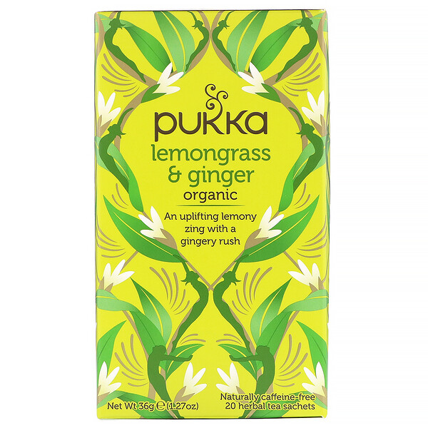 Pukka Herbs‏, למונגראס וג'ינג'ר אורגניים, נטול קפאין, 20 שקיקי תה, 36 גרם
