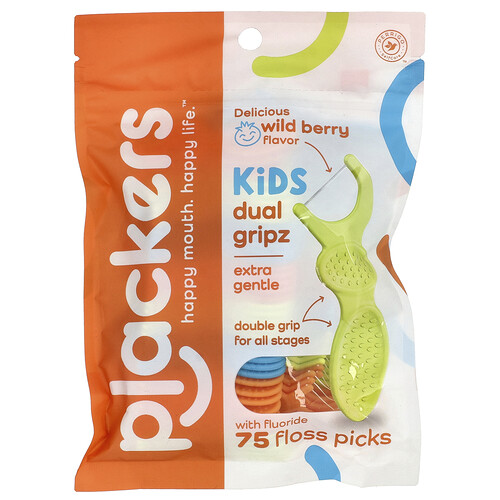 Plackers, Kid's Dual Gripz, Extra Gentle with Fluoride, Dual Gripz für Kinder, extra sanft mit Fluorid, Wildbeere, 75 Zahnseide-Sticks