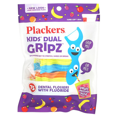 

Plackers Kid's Dual Gripz, детские зубочистки с нитью, с фтором, фруктовый смузи, 75 шт.