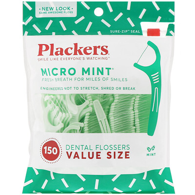 Plackers Micro Mint, зубочистки с нитью, экономичная упаковка, мята, 150 шт.