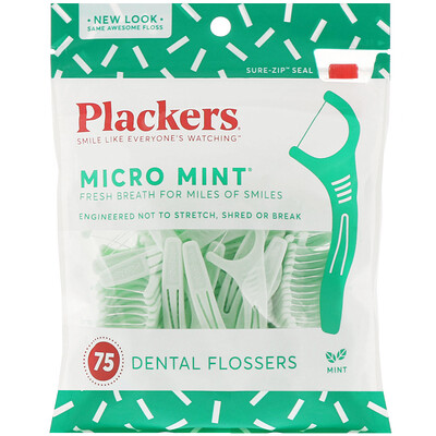 Plackers Micro Mint, зубочистки с нитью, мята, 75 шт.