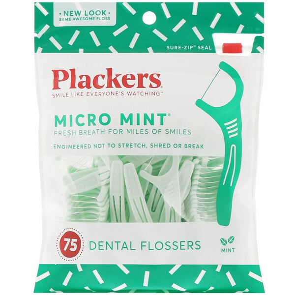 Plackers, ミクロミント(Micro Mint)、デンタルフロス、ミント75本