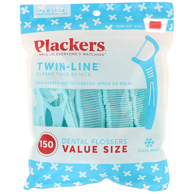 Plackers Twin-Line, зубочистки с нитью, экономичная упаковка, морозная мята, 150 шт.
