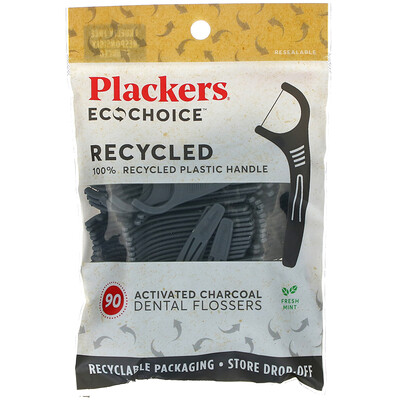 Plackers EcoChoice, Activated Charcoal Dental Flossers, Fresh Mint, 90 Count