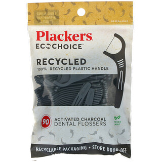 Plackers, EcoChoice, Стоматологические нити с активированным углем, свежая мята, 90 штук