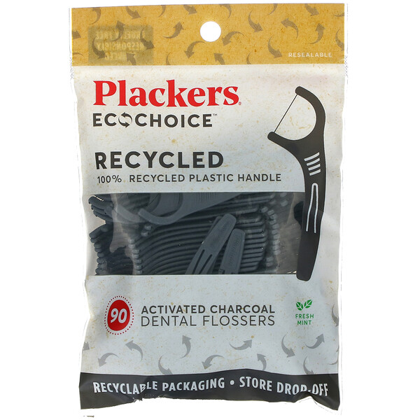 Plackers, EcoChoice, Activated Charcoal Dental Flossers, Fresh Mint, 90 Count