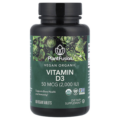PlantFusion, Vitamina D3, 50 mcg (2000 UI), 60 comprimidos veganos