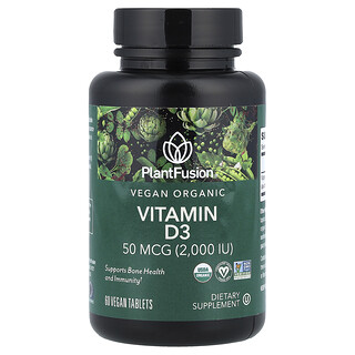 PlantFusion, Organic Vegan Vitamin D3, 50 mcg (2,000 IU), 60 Vegan Tablets