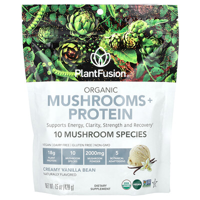 PlantFusion  Organic Mushrooms + Protein  Creamy Vanilla Bean  15 oz (428 g)