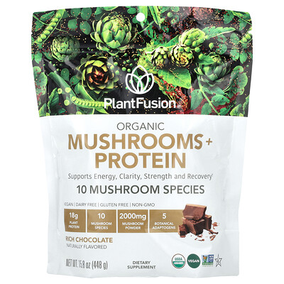 PlantFusion  Organic Mushrooms + Protein  Rich Chocolate  15.8 oz (448 g)