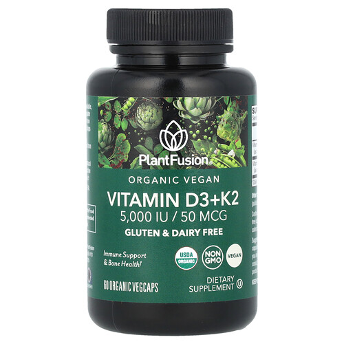 Plantfusion Organic Vegan Vitamin D3+ K2, 5,000 IU/50 mcg, 60 Organic VegCaps