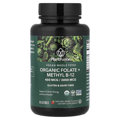 PlantFusion, Alimentos integrales veganos, Folato orgánico más metil B12, Bayas naturales, 60 pastillas