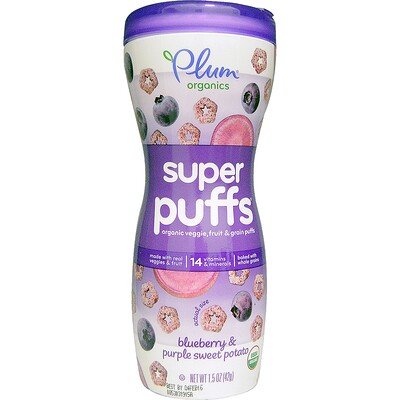 Plum Organics Super Puffs, органические колечки из овощей, фруктов и злаков, черника и фиолетовый сладкий картофель, 42 г (1,5 унции)