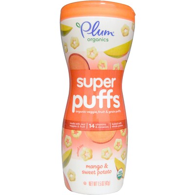 Plum Organics Super Puffs, органические колечки с овощами, фруктами и злаками, манго и сладкий картофель, 42 г (1,5 унции)