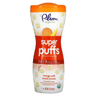 Plum Organics, Super Puffs، خضروات عضوية، رقائق الفاكهة والحبوب، المانجو والبطاطا الحلوة، 1.5 أوقية (42 غ)