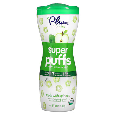 Plum Organics Super Puffs органические колечки из овощей фруктов и злаков шпинат и яблоко 42 г (1 5 унции)