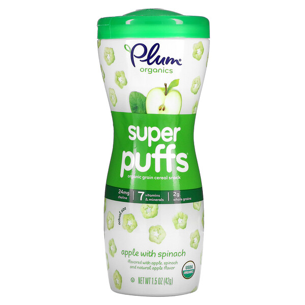 Plum Organics‏, سوبر Puffs، خضروات عضوية، فاكهة وحبوب Puffs، السبانخ والتفاح، 1.5 أوقية (42 غ)