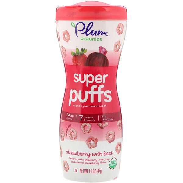 Plum Organics, Super Puffs, Organic Grain Cereal Snack, Strawberry with Beet, Bio-Getreidesnack, Erdbeere und Rote Bete, 42 g (1,5 oz.)