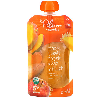 Plum Organics органическое детское питание, этап 2, манго, батат, яблоко, пшено, 99 г (3,5 унции)