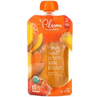 Plum Organics, Comida orgánica para bebés, Etapa 2, Mango, batata, manzana y mijo, 99 g (3,5 oz)