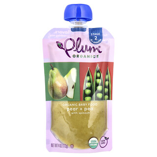 Plum Organics, Comida orgánica para bebés, 6 meses en adelante, Pera y guisante con espinaca, 113 g (4 oz)