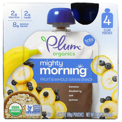 Plum Organics Mighty Morning, Fruit & Whole Grain Snack, Banana, Blueberry, Oat, Quinoa, Tots, 4 Pouches, 3.17 oz (90 g) Each