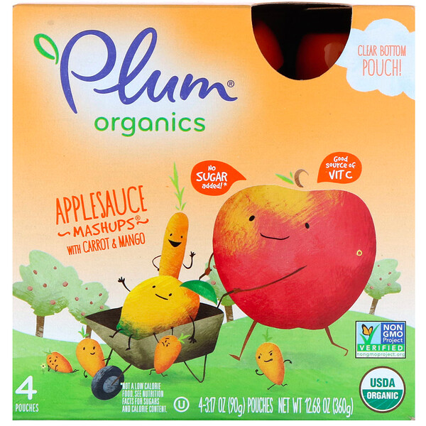 Plum Organics, オーガニクス、ニンジン＆マンゴー入りアップルソースMashups（マッシュアップ）、4袋、各90g（3.17オンス）