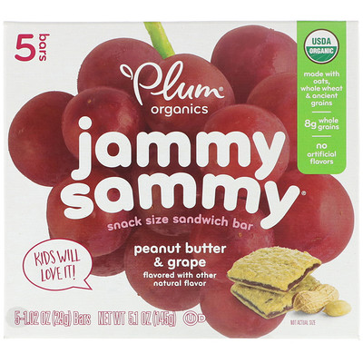 Plum Organics Jammy Sammy, Peanut Butter & Grape, 5 Bars, 1.02 oz (29 g) Each