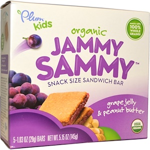 Plum Organics, Kids, органические батончики Jammy Sammy, виноградное желе и арахисовое масло, 5 батончиков, 1,03 унции (29 г) каждый