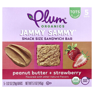 Plum Organics, Jammy Sammy®, Snack Size Sandwich Bar, 15+ Months, Peanut Butter + Strawberry, 5 Bars, 1.02 oz (29 g) Each