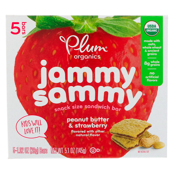 Plum Organics‏, Jammy Sammy عضوية، زبدة الفول السوداني والفراولة، 5 ألواح ، 1.02 أوقية (29 جم) لكل لوح