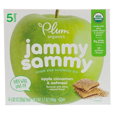 Plum Organics Jammy Sammy, яблоко, корица и овсянка, 5 батончиков, 1,02 унц. (29 г) каждый