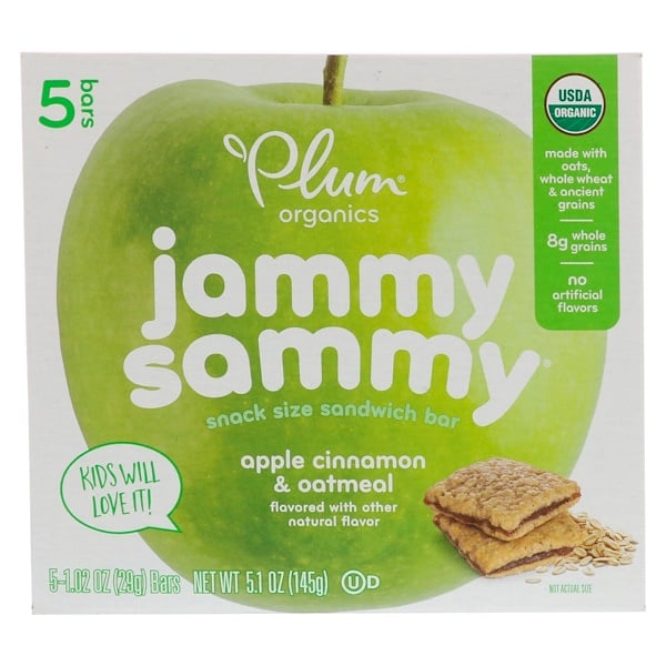 Plum Organics‏, Jammy Sammy، التفاح والقرفة ودقيق الشوفان، 5 قطع، 1.02 أونصة (29 جم) لكل قطعة