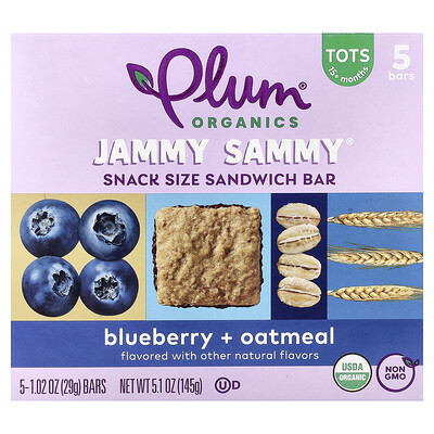 Product Image for Plum Organics, Jammy Sammy , Snack Size Sandwich Bar, 15+ Months, Blueberry & Oatmeal, 5 Bars, 1.02 oz (29 g) Each