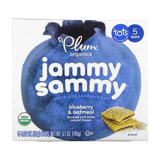 Plum Organics, Jammy Sammy，适用于 15 个月及以上婴幼儿，蓝莓和燕麦，5 根，每根 1.02 盎司（29 克）