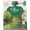 Plum Organics, طعام عضوي للرضع، المرحلة الثانية، الكمثرى، السبانخ والبازلاء، 4 أكياس، 4 أوقيات (113 غرام) لكل كيس