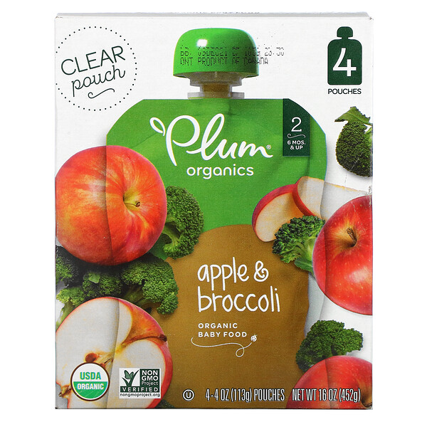 Plum Organics, Органическое детское питание, этап 2, яблоко и брокколи, 4 пакетика по 113 г (4 унции)