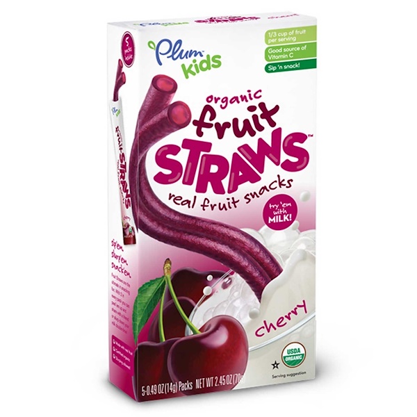 Plum Organics, Kids, Organic, Fruit Straws, Real Fruit Snacks, Cherry, 5 Packs, 0.49 oz (14 g
