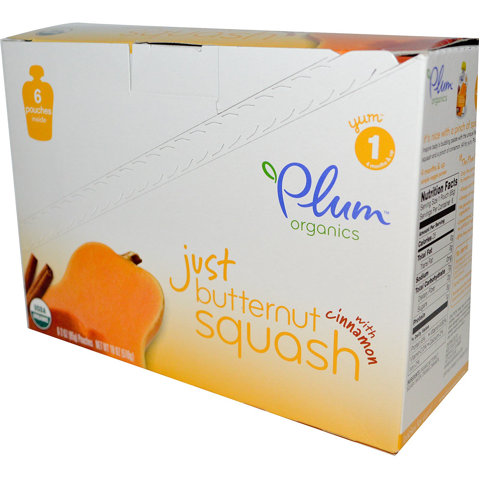 Plum organics just butternut squash with cinnamon (stage 1) 6-3oz (85g) pouches net wt 18oz (510g) nogmo (846675003065)