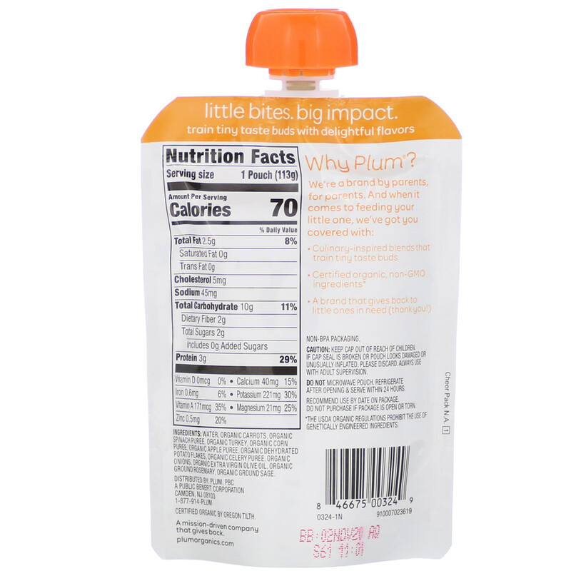 Plum Organics, Organic Baby Food, Stage 3, Carrot, Spinach