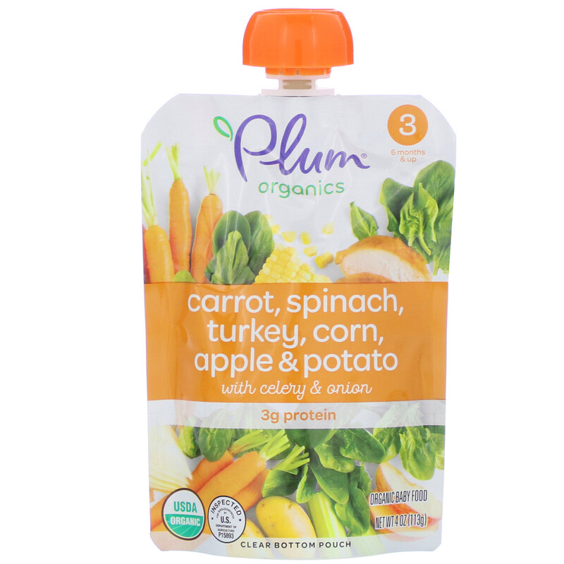 Plum Organics, Organic Baby Food, Stage 3, Carrot, Spinach, Turkey