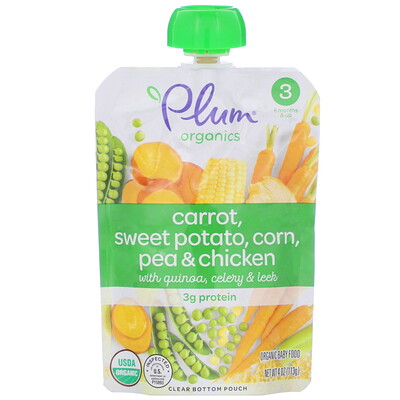 Plum Organics Organic Baby Food, Stage 3, Carrot, Sweet Potato, Corn, Pea & Chicken with Quinoa, Celery & Leek, 4 oz (113 g)
