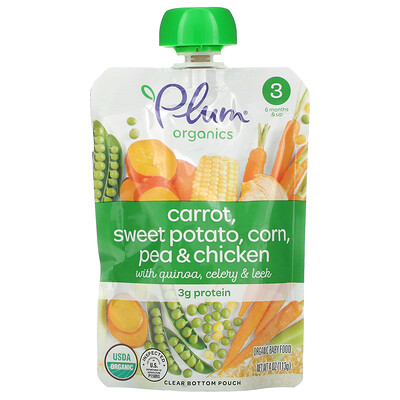 Plum Organics органическое детское питание, этап 3, морковь, батат, кукуруза, горох, курица с киноа, сельдереем и луком-пореем, 113 г (4 унции)