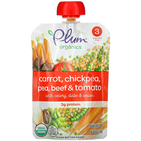 Comida orgánica para bebés, Etapa 3, Zanahoria, garbanzo, guisante, carne vacuna y tomate, 113 g (4 oz)