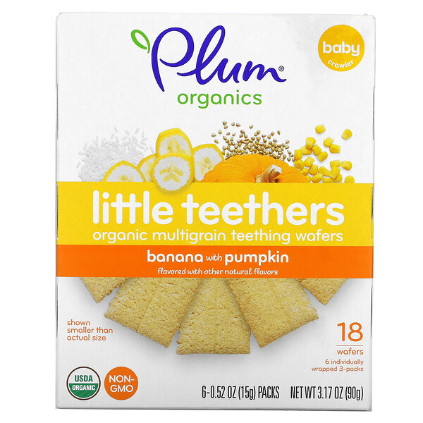 Plum Organics‏, Little Teethers, חטיפים רכים אורגניים לבקיעת שיניים אצל תינוקות מדגנים מלאים, בננה עם דלעת, 6 אריזות, 15 גרם (0.52 אונקיות) כל אחת