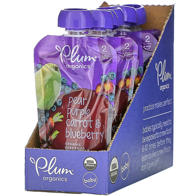 Plum Organics Organic Baby Food, 6 Months & Up, Pear, Purple Carrot & Blueberry, 6 Pouches, 4 oz (113 g) Each