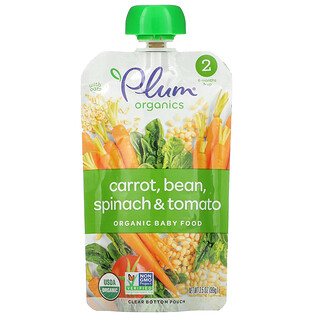 Plum Organics, Organic Baby Food, Bio-Babynahrung, Stufe 2, Karotten, Bohnen, Spinat und Tomaten mit Hafer, 99 g (3,5 oz.)