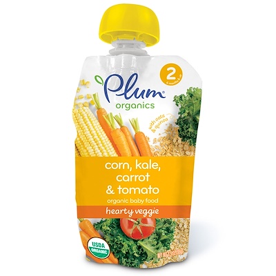 Plum Organics Organic Baby Food, Stage 2, Hearty Veggie, Corn, Kale, Carrot & Tomato, 3.5 oz (99 g)
